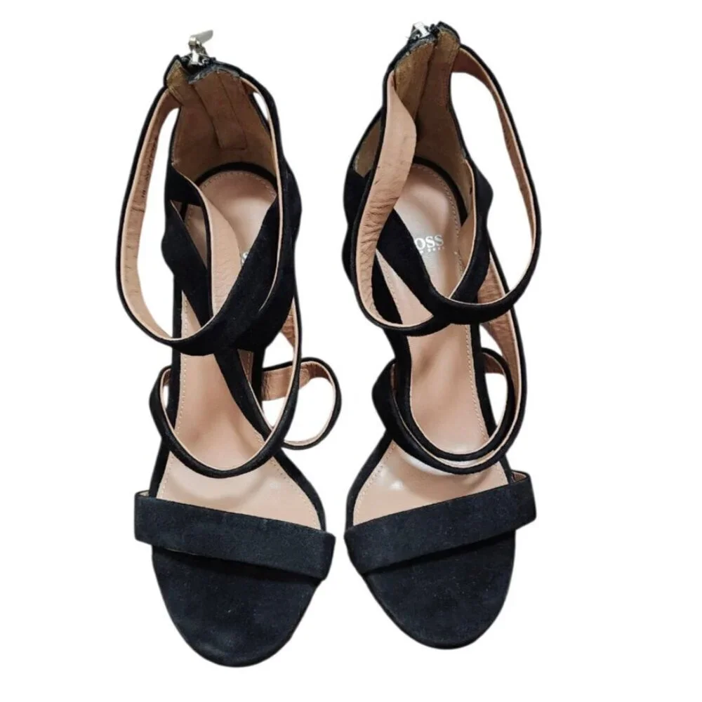 BOSS Hugo Boos GRACE Black Suede Strappy Stiletto Sandals Heels Sze EU38/7.5
